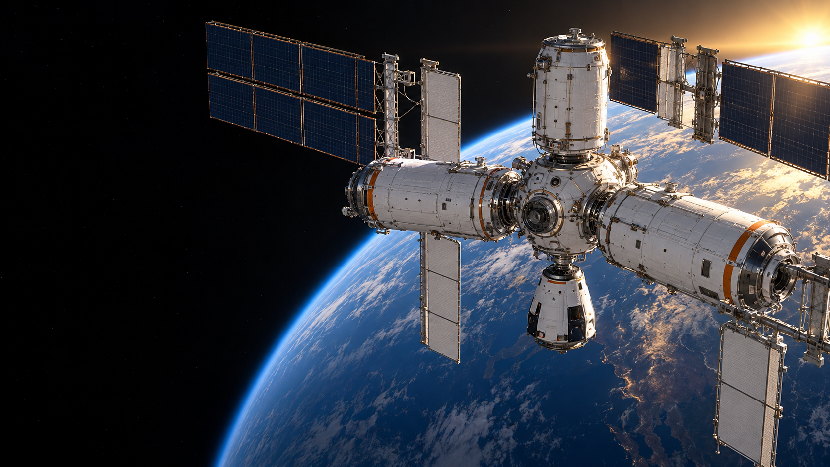 AI-generated concept of a modular ARLO station above Earth, with solar arrays and radiator wings
