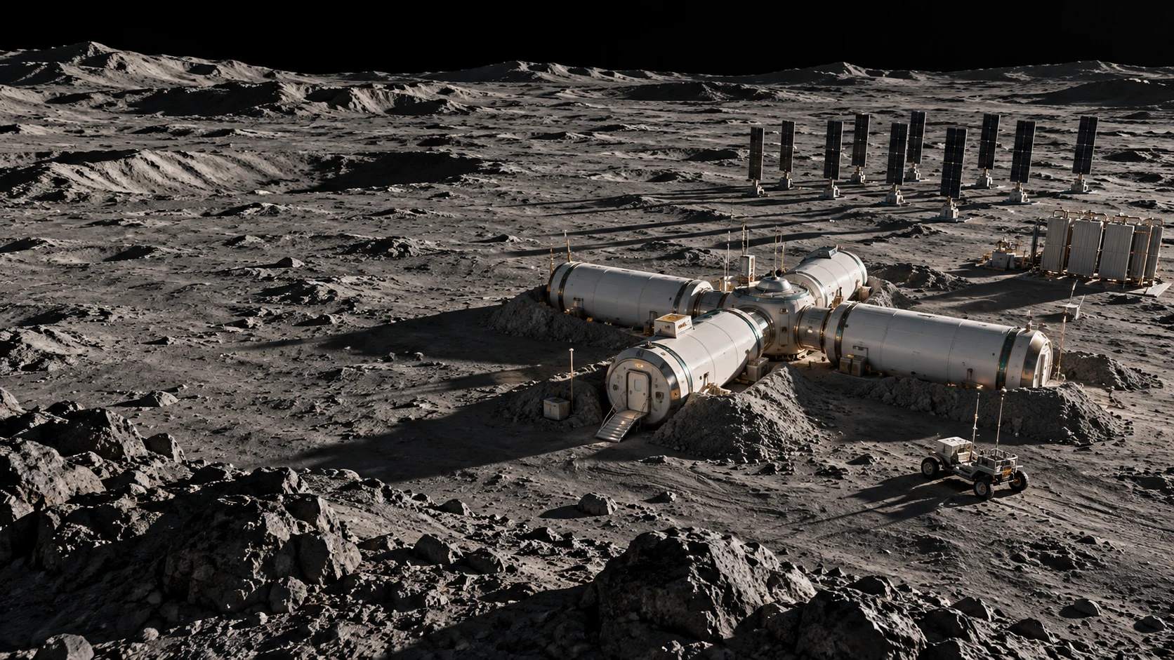 AI-generated concept of a compact lunar outpost with linked pressure modules, external solar arrays and radiators
