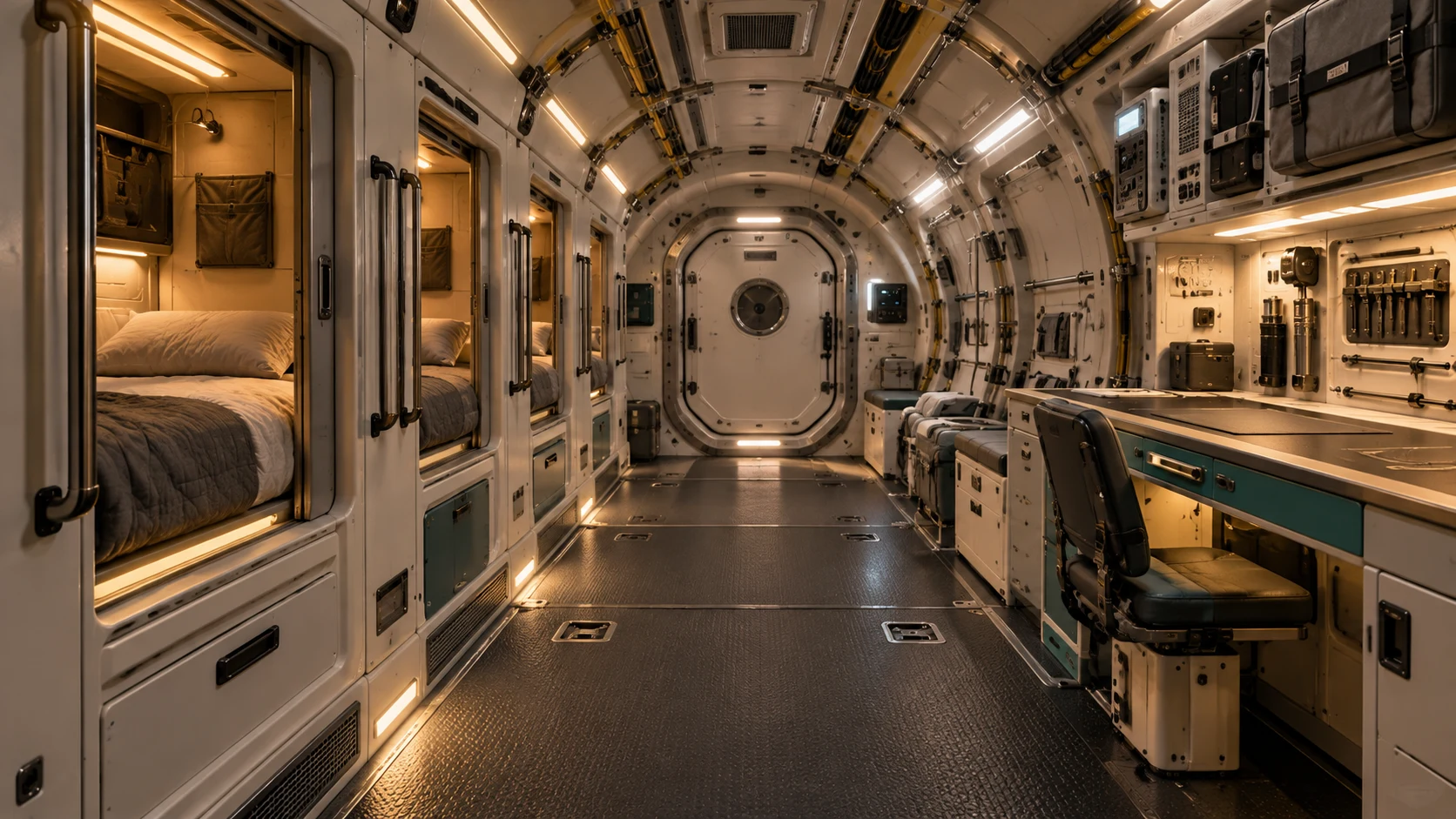 AI-generated interior concept with compact berths, service racks and a pressure hatch