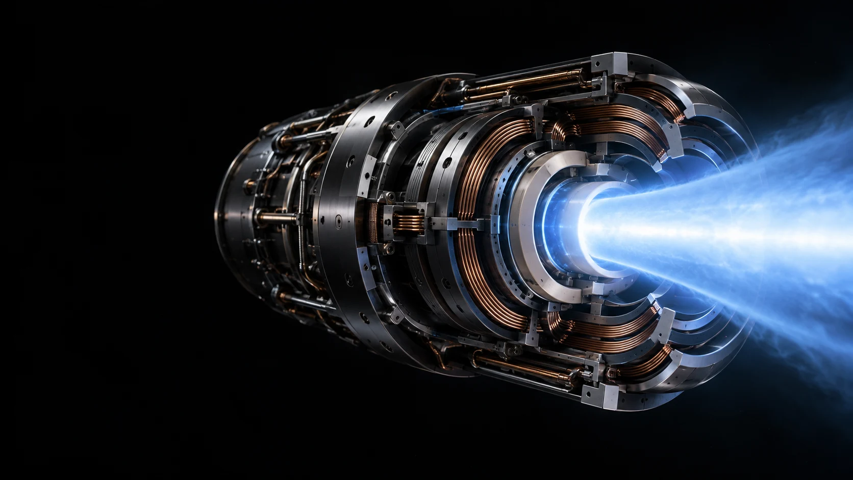 AI-generated concept of a rigid electric engine with concentric field coils and blue plasma exhaust