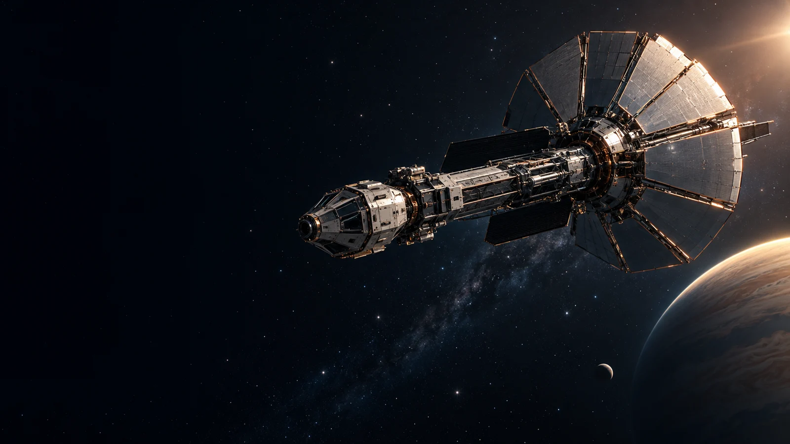 Concept interstellar spacecraft with a central spine, rigid optical panels and radiator wings above a planet; not built hardware